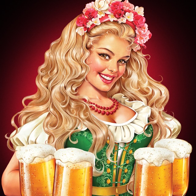 Girl with a beer. Illustration for beer label.