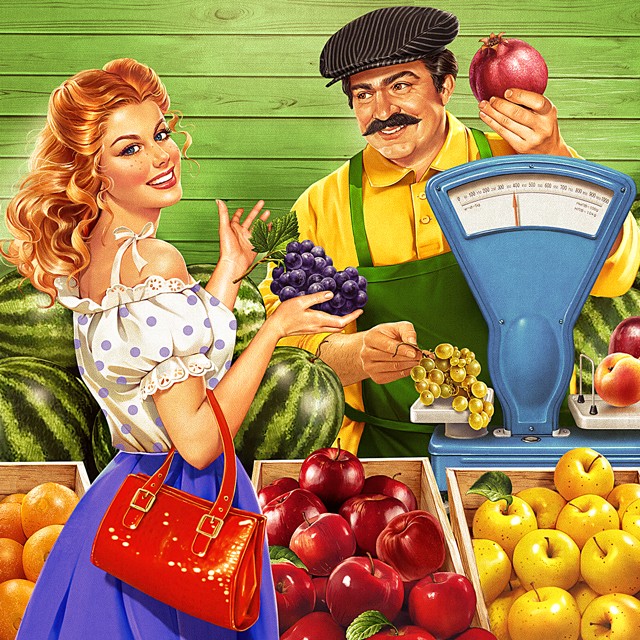 A girl is buying grapes. Illustration in the Soviet style.