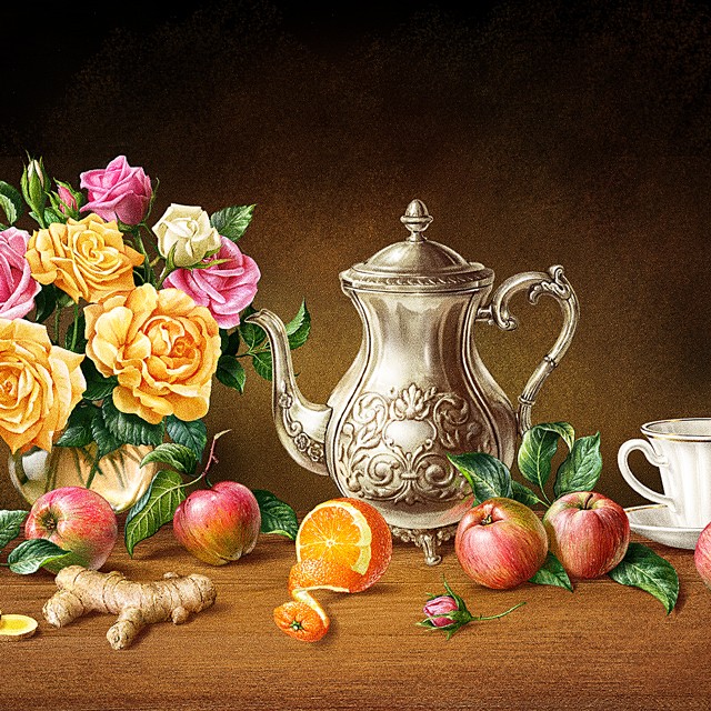 Still life with a teapot, flowers and apples. Illustration for tea packing.