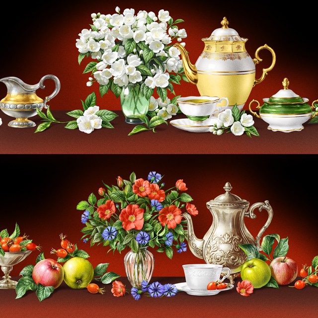 Still lifes with tea. Illustrations for tea packing.