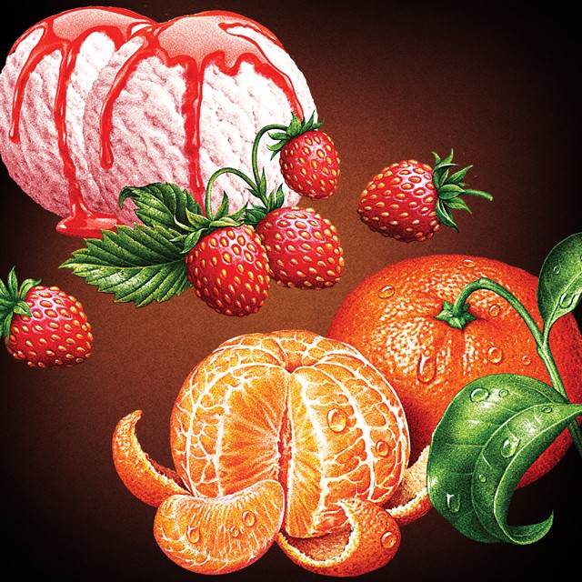 Strawberry sorbet and mandarin. Illustration for tea packing.