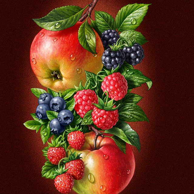 Apples, blueberries, raspberries, strawberries.