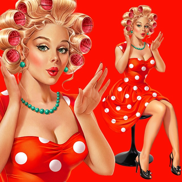 The girl in curlers. Illustration for the site of the beauty salon. pin-up