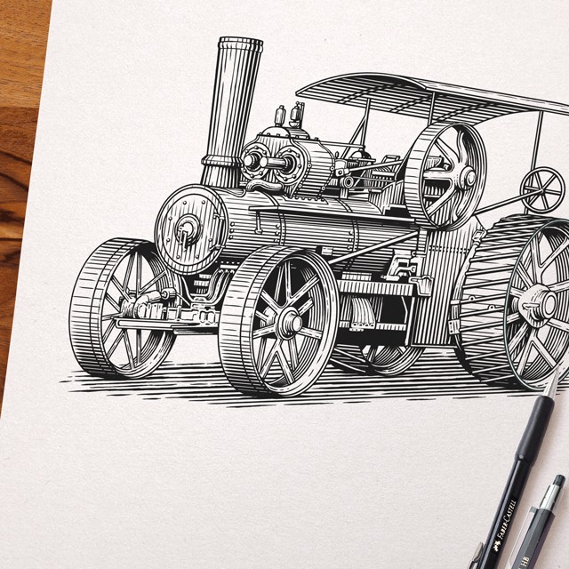 Tractor. Vector engraving.